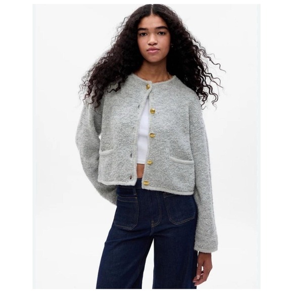 GAP Grey Wool Blend Boucle Cropped Sweater Jacket Gold Button‎ Preppy Sz XL TALL